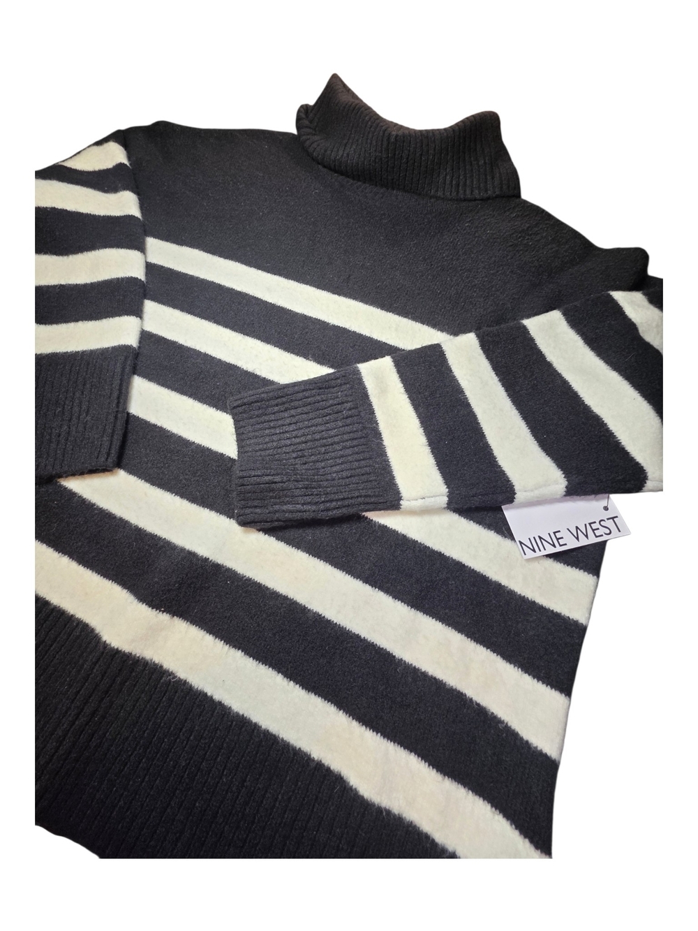 NWT Nine West Striped Turtleneck Tunic Sweater Black Cream Ivory Cozy Knit XL